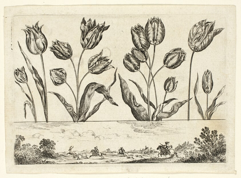 Flowers and Hunting Scene, from Livre Nouveau de Fleurs...