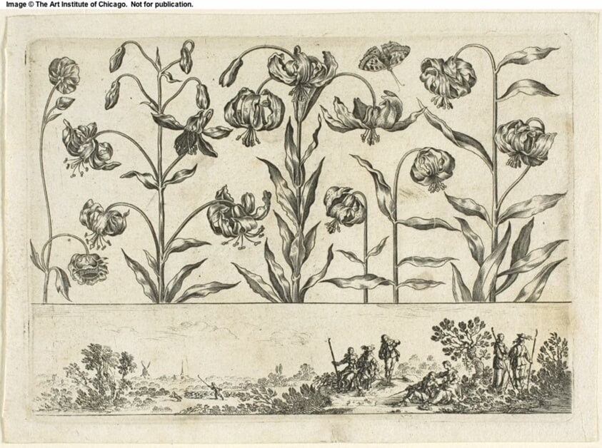 Flowers and Hunting Scene, from Livre Nouveau de Fleurs...