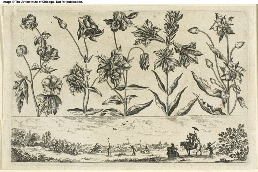 Flowers and Hunting Scene, from Livre Nouveau de Fleurs...