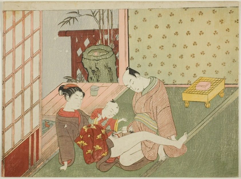 Lovers with Young Attendant Looking on, from an untitled series of erotic prints