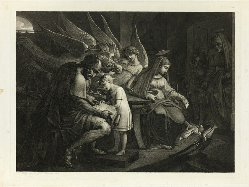 The Holy Family Busy at Home: Joseph Teaches the Boy Jesus to Read. Mary Feeds the Pigeons. Elizabeth Enters the Room with John