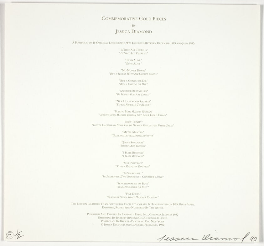 Colophon page, from Commemorative Gold Pieces