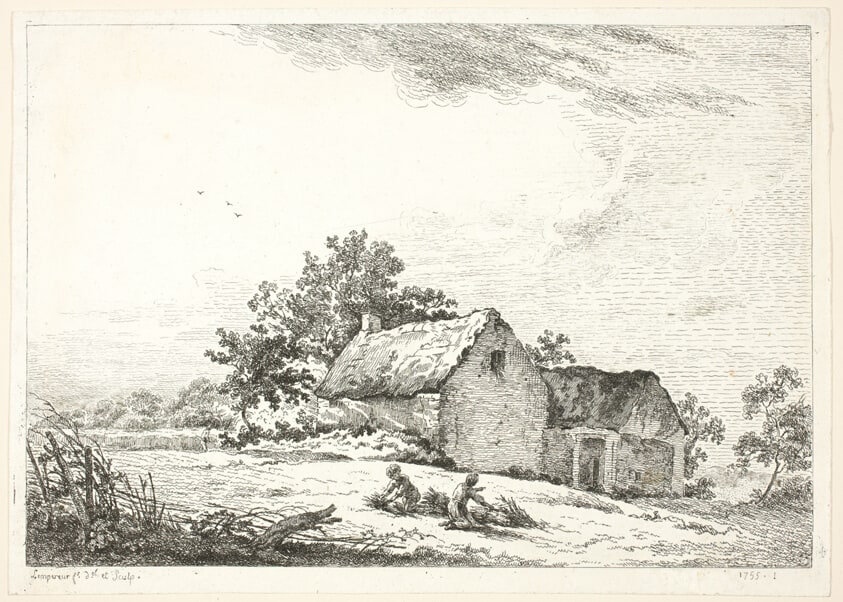 Farm Scene with Boys Bundling Wood