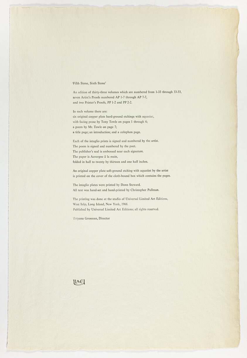 Colophon page, from Fifth Stone, Sixth Stone