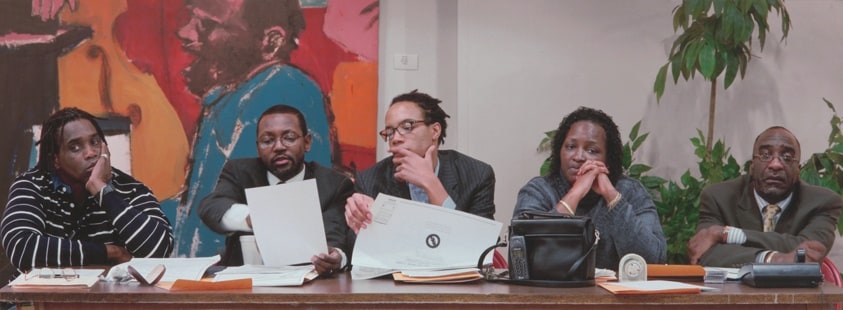 Manhattan Community Board 10 (Harlem), 3/8/02, (L to R): Neal Clark (2nd Vice Chair), Dawud Muhammad (Treasurer), Sean Small (Assistant Secretary), Carolyn Tolbert (Secretary), Stanley Gleaton (Chair)