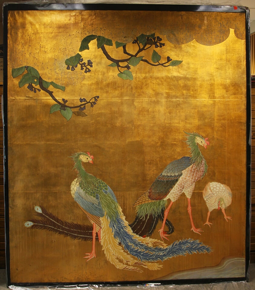 Three painted sliding doors (fusuma-e) from the Phoenix Pavilion (Hooden) at the World's Columbian Exposition