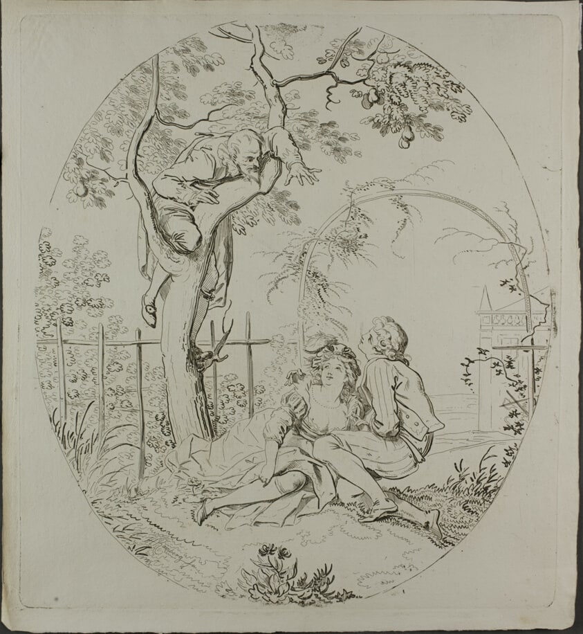 Bearded Man Spying on Lovers Under an Arbor