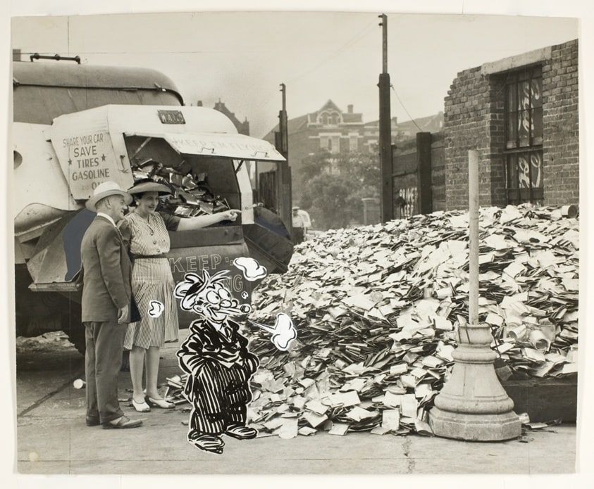John Q. Public visits the dump at 19th st. and Wolcott av. with James J. Creed, superintendent of the city dumps, and Mrs. Walter J. Kelly, head of the OCD's waste fats salvage division, where he is shown how tin cans picked up by city garbage trucks are deposited for shipment to detinning plants.