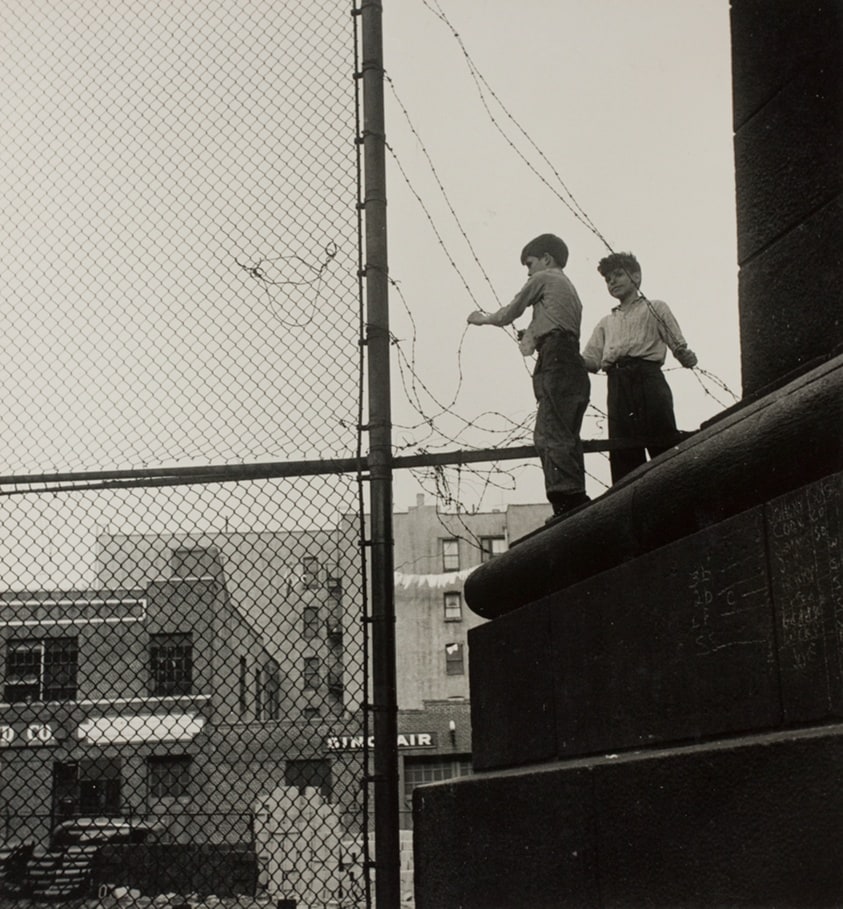 Untitled (Two Boys Playing with Barbed Wire on Fence)