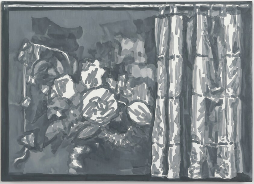 Marker Drawing of Trompe-l’Oeil Still Life with a Flower Garland and a Curtain