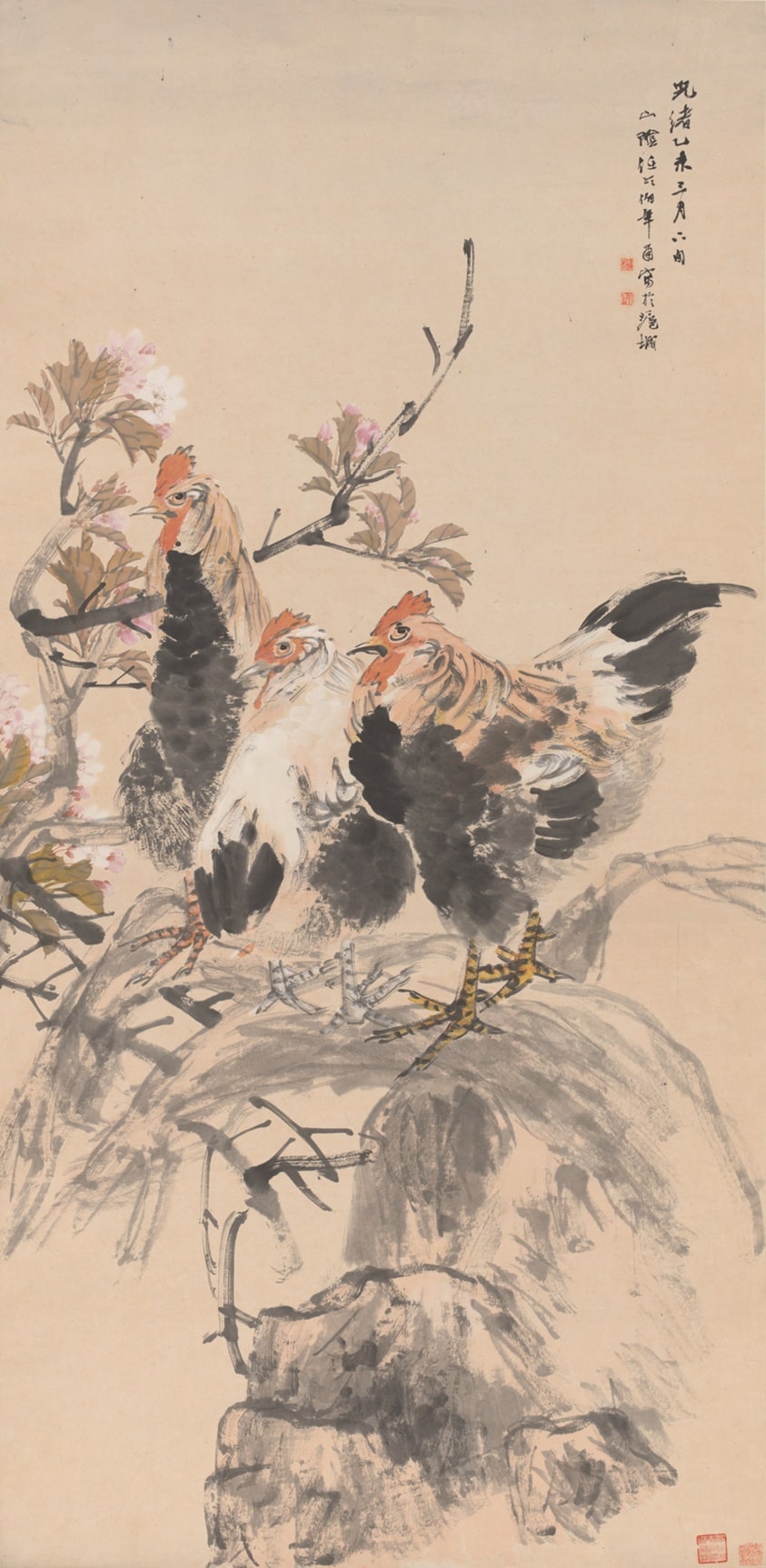 Roosters and Blossoming Apricots 雄鷄圖
