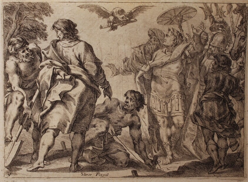 An Eagle Presenting a Measuring Tool to Emperor Constantine at the Founding of Constantinople, from the Pompa della solenne entrata nella città di Milano della serenissima Maria Anna austriaca