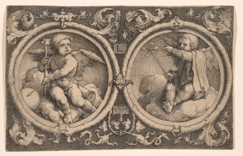 Two Cupids Seated on Clouds