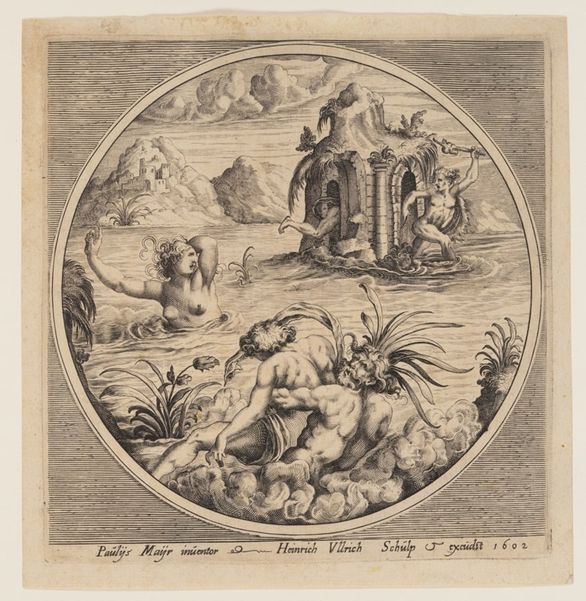 Mythological marine suject in a roundel