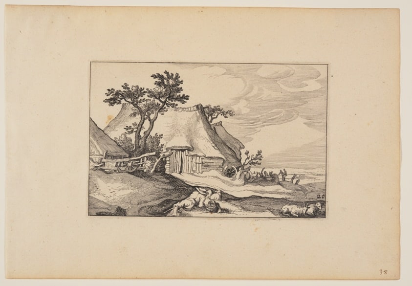 Barns, Resting Man with Basket of Eggs in Foreground, from Landscapes (Verscheyden aerdige Lanthuysen...)