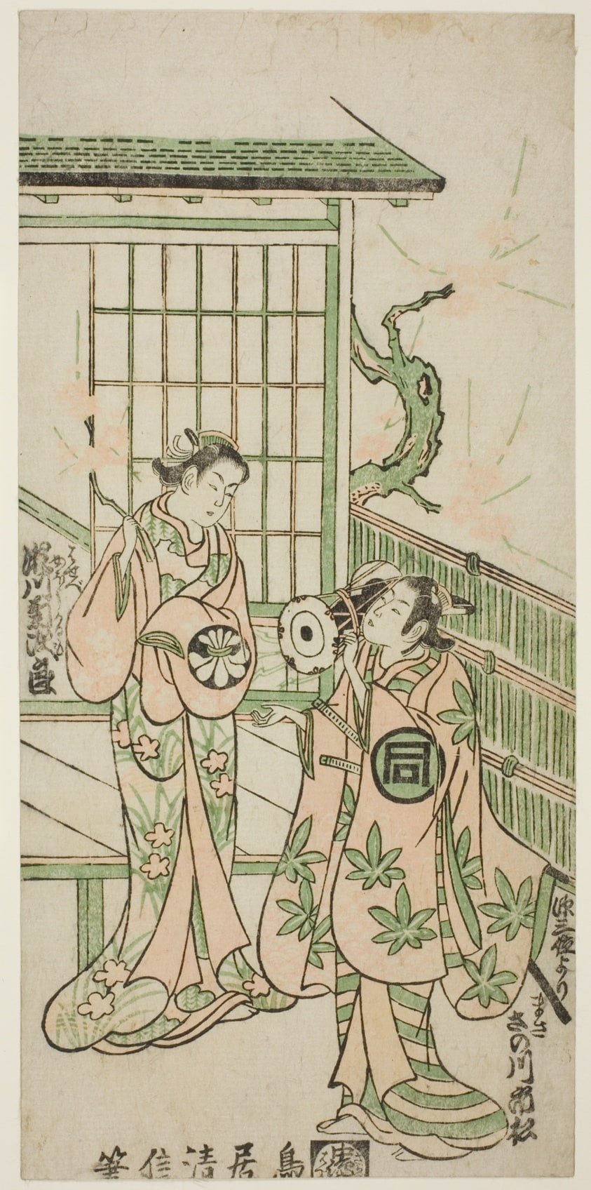 The Actors Sanogawa Ichimatsu I as Minamoto no Yorimasa and Segawa Kikujiro I as Nobutsura's wife Karumo in the play "Shusse Momijigari," performed at the Ichimura Theater in the eleventh month, 1747