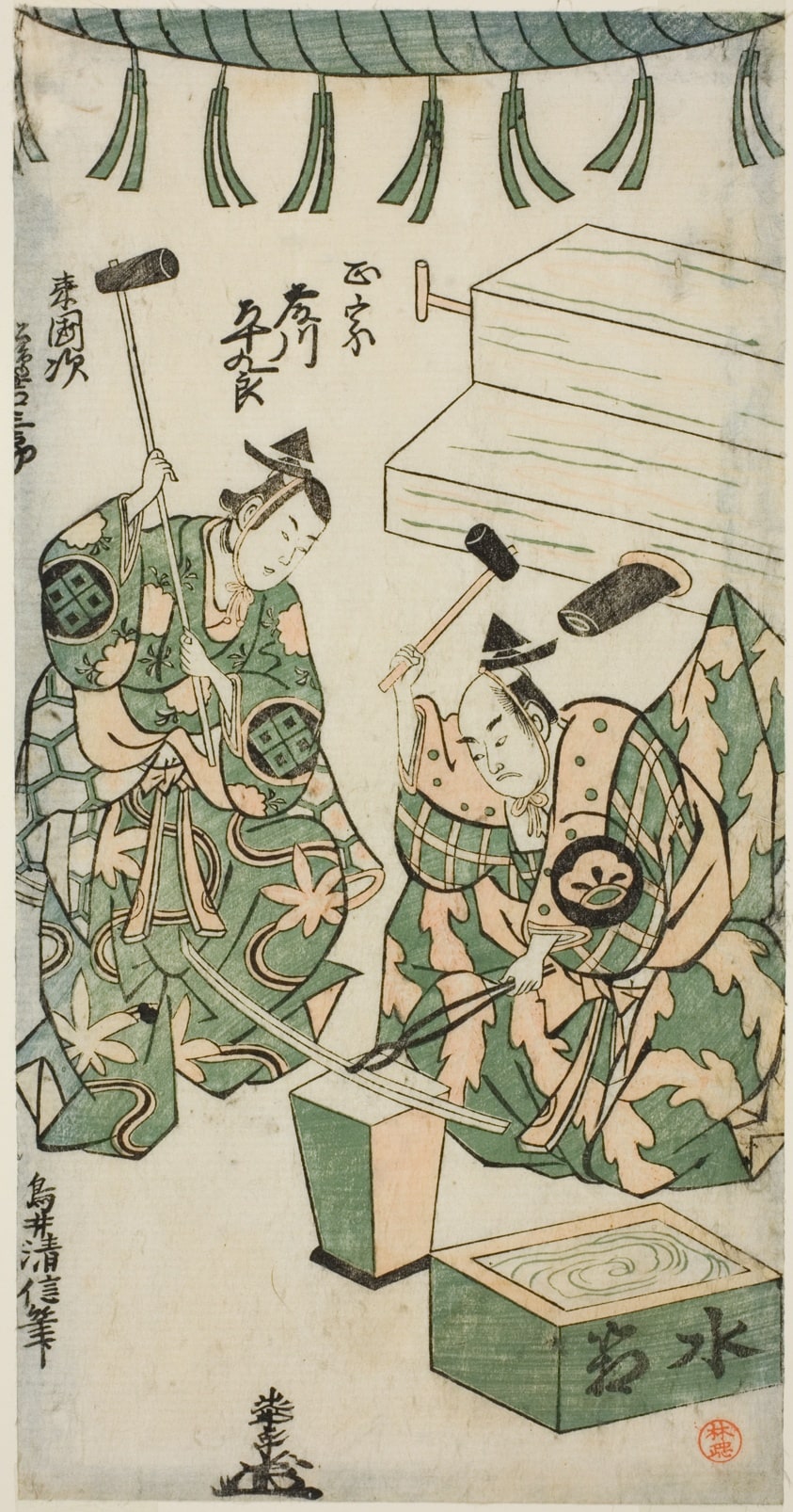 The Actors Fujikawa Heikuro as Masamune and Matsushima Kichisaburo as Rai Kunitsugu in the play "Shin Usuyuki Monogatari," performed at the Nakamura Theater in the sixth month, 1746