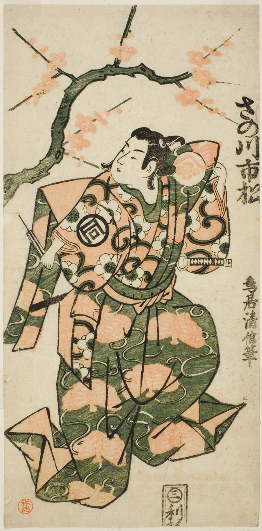 The Actor Sanogawa Ichimatsu I as Soga no Goro in the play "Monzukushi Nagoya Soga," performed at the Ichimura Theater in the first month, 1748