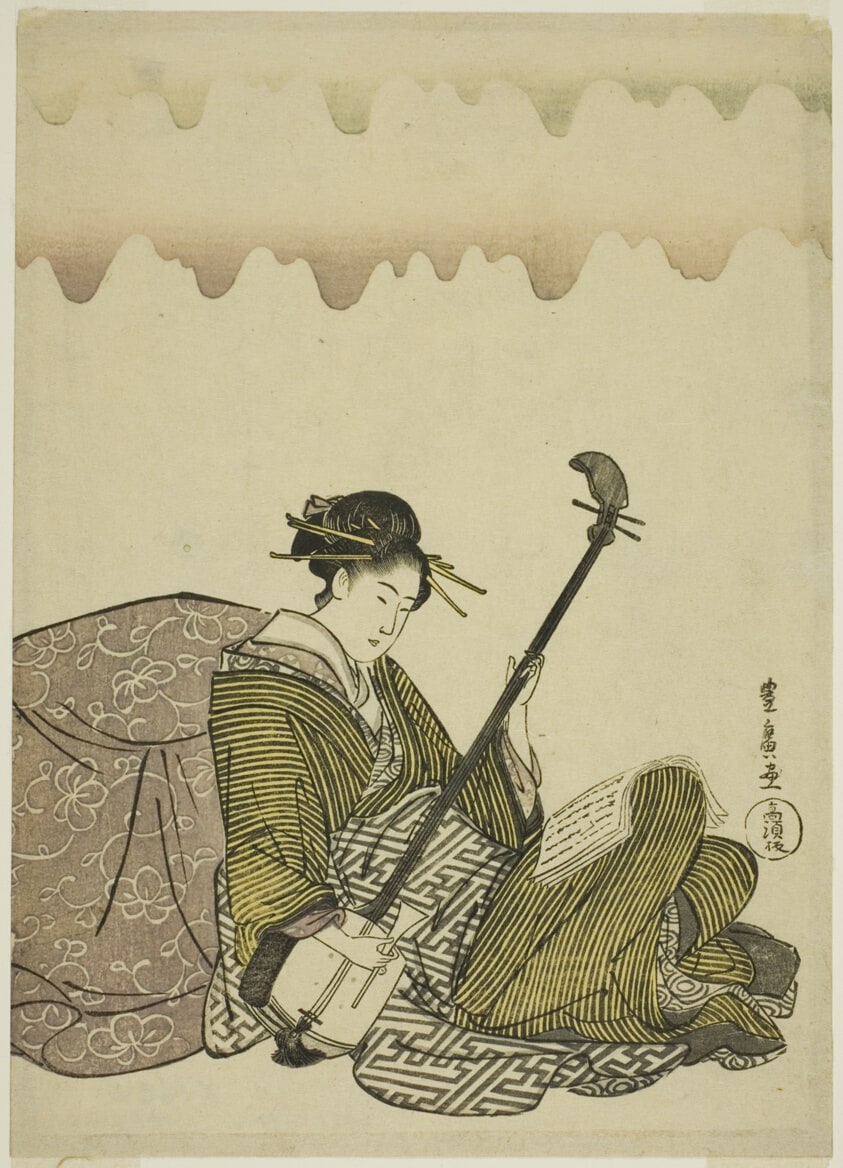 Woman playing shamisen, from an untitled series of women at leisure