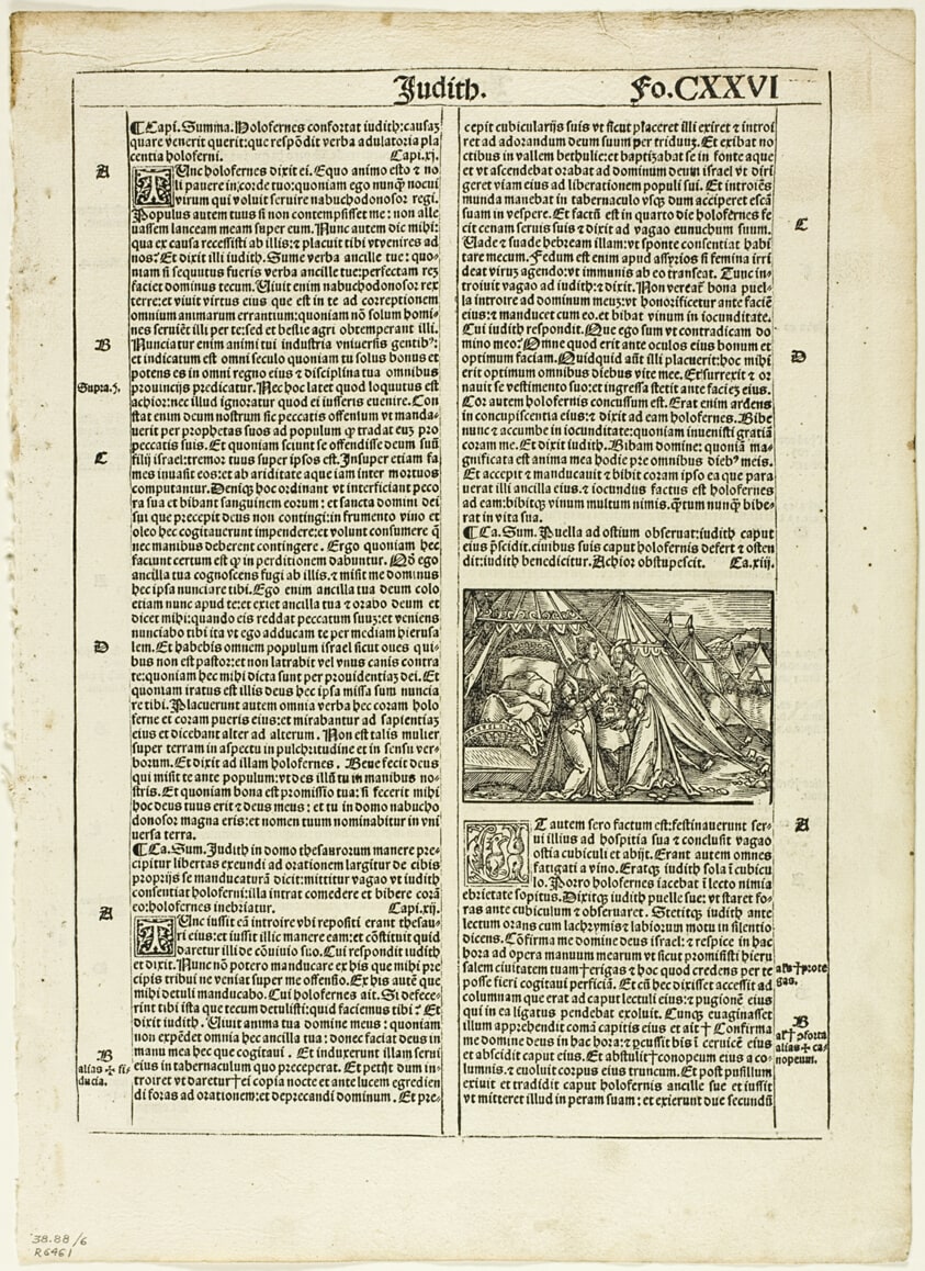 Judith and Her Maid Placing the Head of Holofernes in a Bag from Biblia latina, plate six from Woodcuts from Books of the XVI Century