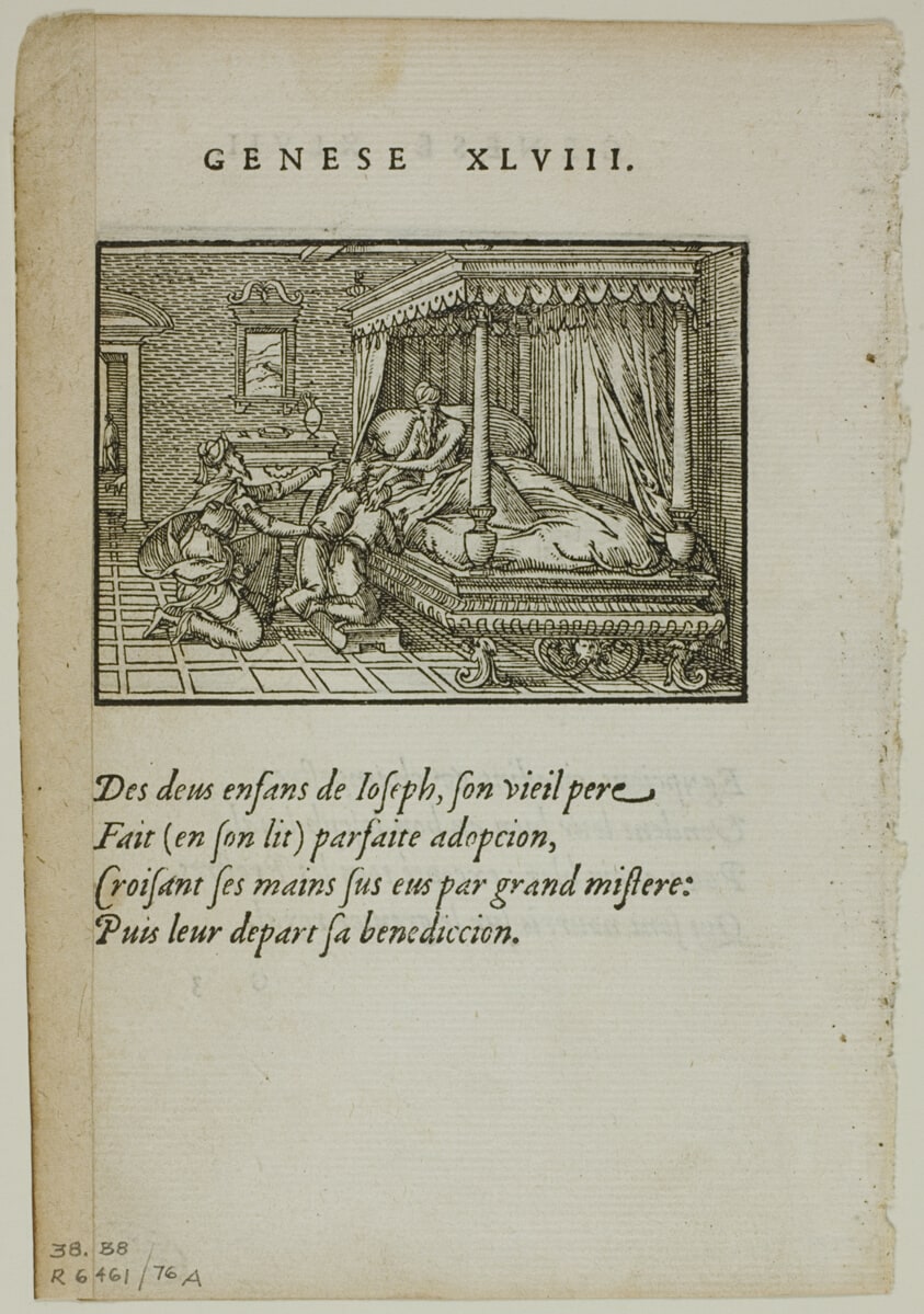 Jacob Blessing the Sons of Joseph (recto) and The Egyptians Sell their Goods to Joseph for Grain (verso) from Quadrins poetiques by Paradin, plate 76 from Woodcuts from Books of the XVI Century