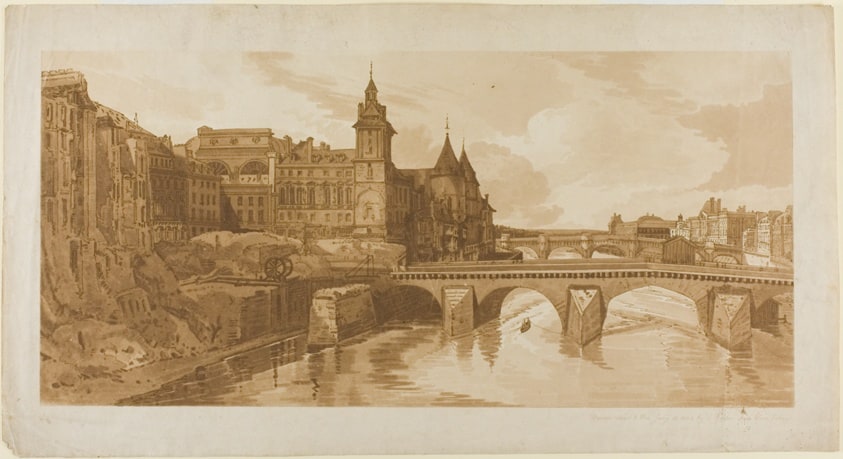 View of Pont au Change, the City Theatre, Pont Neuf, Conciergerie Prison, etc. taken from Pont Notre Dame, from A Selection of Twenty of the Most Picturesque Views in Paris