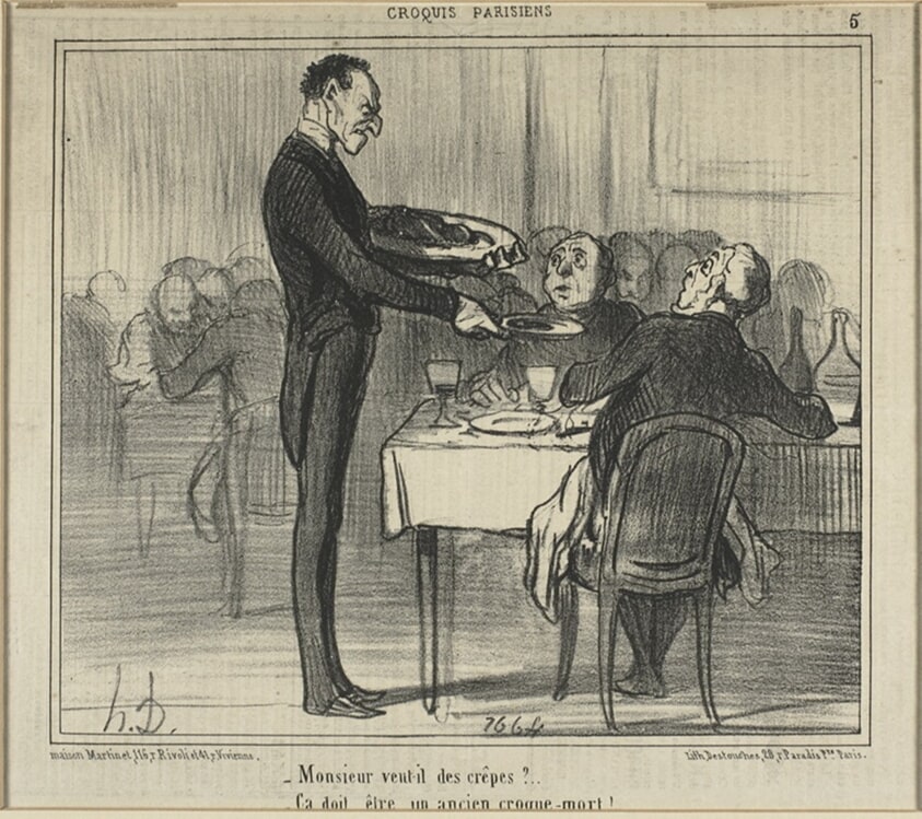"Would Monsieur like some crêpes?.. - He must have been an undertaker," plate five from Croquis Parisiens (Parisian Sketches)