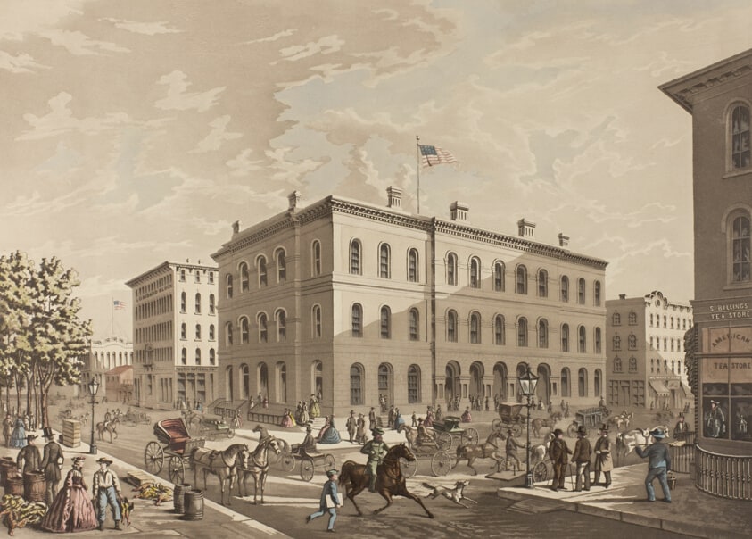 N.W. Corner of Dearborn and Monroe Streets, Chicago, Showing the Post Office Building in the Year 1865