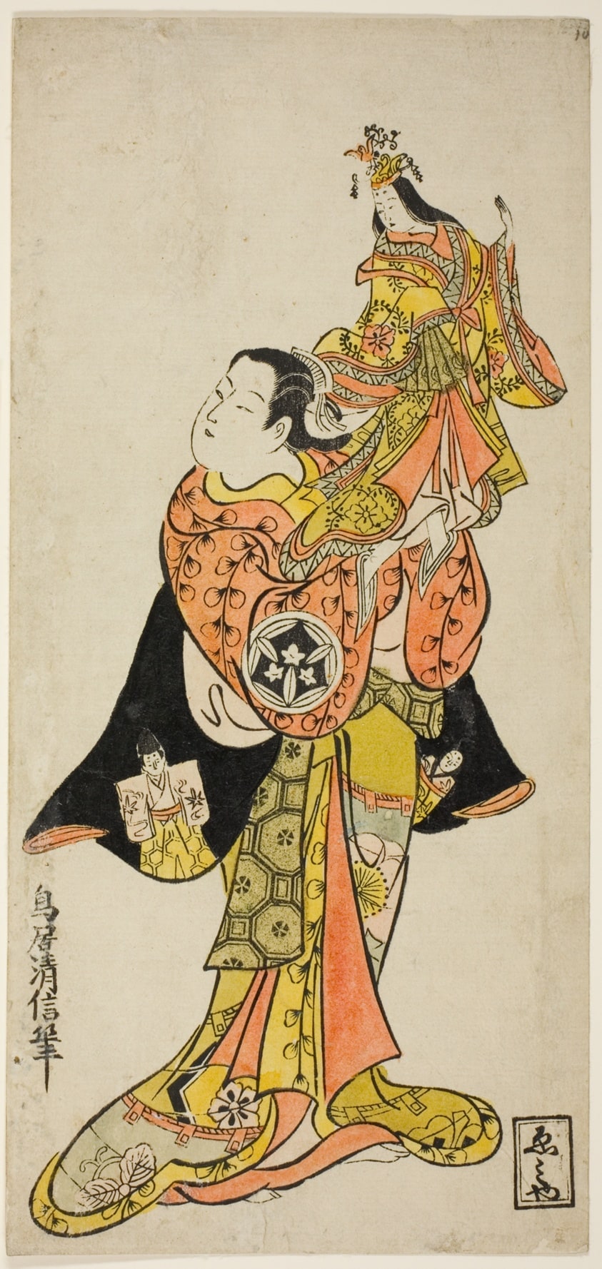 The Actor Yamashita Kinsaku holding a puppet of the Empress in the play "Diary Kept on a Journey by Sea to Izu (Funadama Izu Nikki)," performed at the Nakamura Theater in the first month, 1725