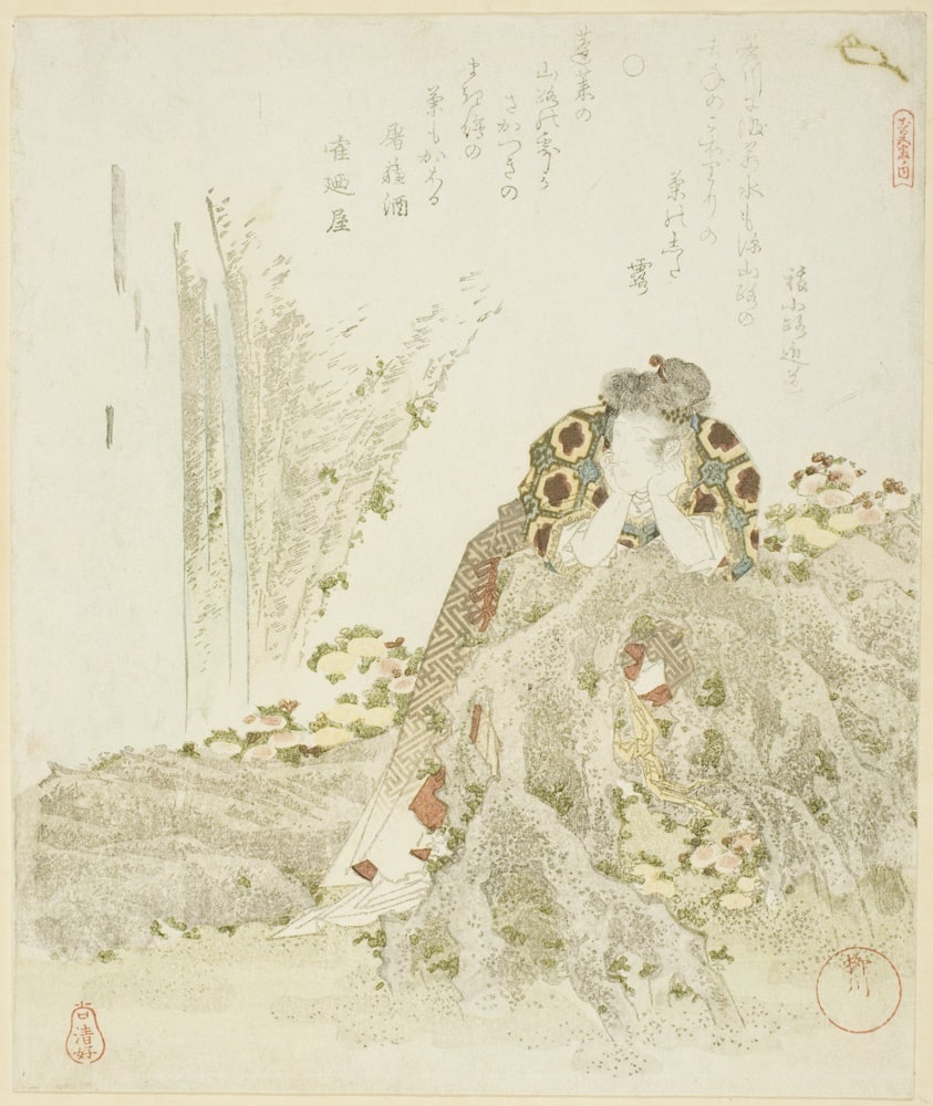 Chrysanthemum Boy leaning on a rock, from the series "Five Prints on Longevity (Kotobuki goban no uchi)