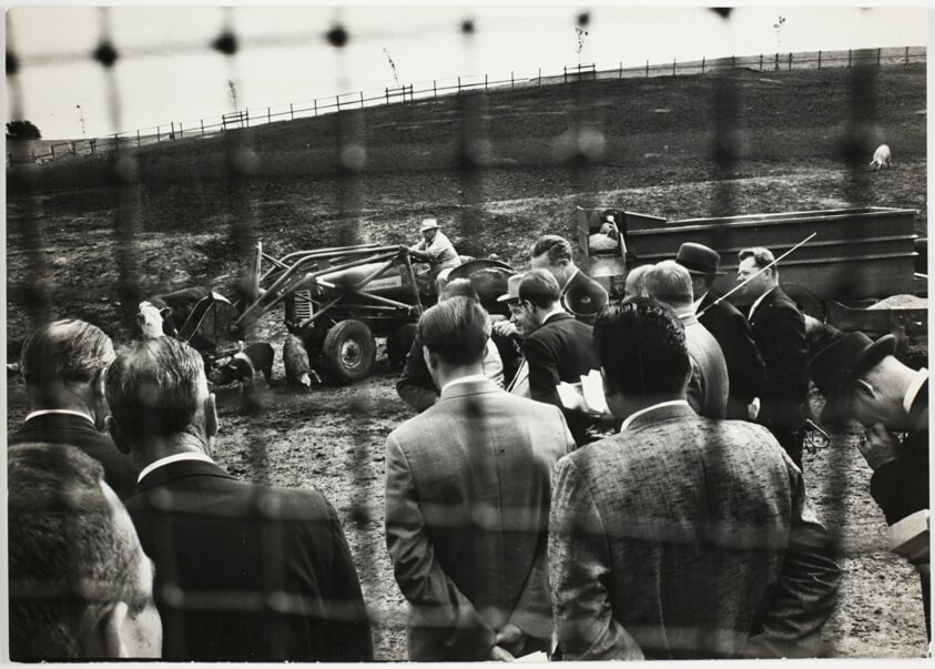 Khrushchev (center) and Secretary of State Henry Cabot Lodge Observe John Deere Tractor at Work