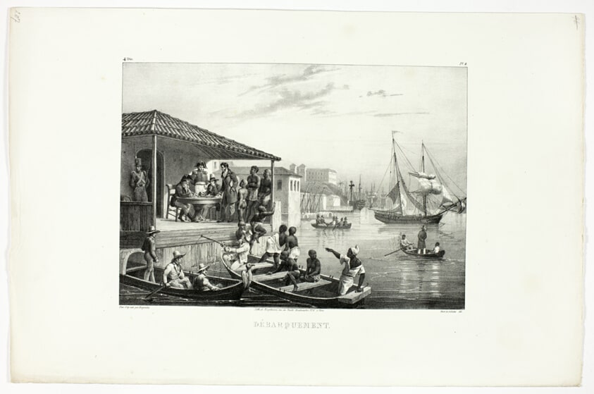Disembarkation, plate two from Customs and traditions of Negroes, volume 4 of Voyage pittoresque dans le Brésil