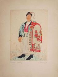 Etching from Hungary; Hongarie; Ungar; Ungheria or Magyar népviseletek; 8 eredeti kézzel szinezett rézkarc Pekáry Istvántoól [Hungarian peasant costumes; 8 original hand-colored etchings from István Pekáy]