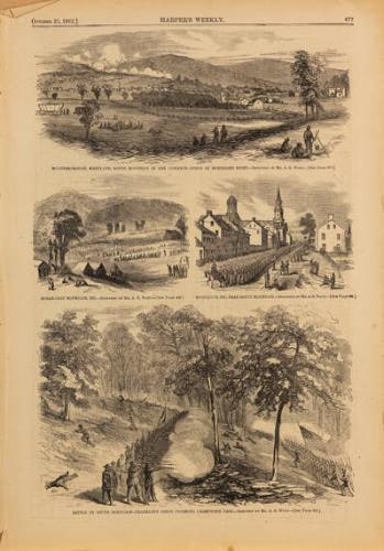 Top: Boonesborough, Maryland, South Mountain in the Distance-Scene of Burnside's Fight Middle Left: Sugarloaf Mountain, MD Middle Right: Middleton, MD, Near South Mountain Bottom: Battle of South Mountain-Franklin's Corps Storming Crampton's Pass Verso: Map of Kentucky, Showing the Theatre of the Co