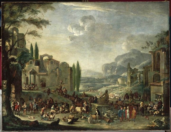 Marché en Italie avec représentation imaginaire de ruines