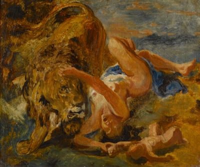Lion attaquant une femme et son enfant