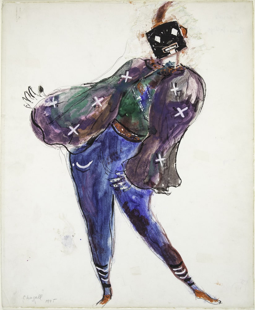 Maquette de costume pour "L'Oiseau de feu" de Stravinsky : monstre masqué violet
