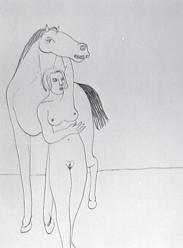 Cheval de face et femme nue, le bras gauche leve