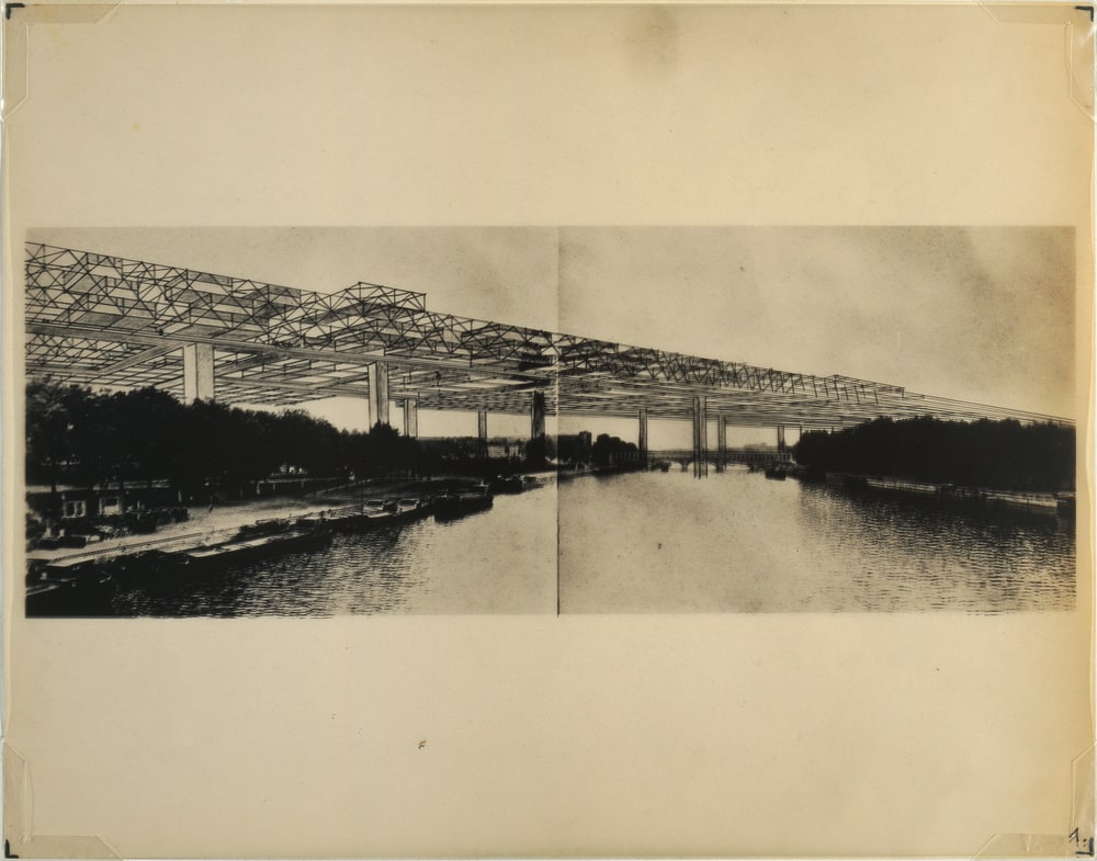 Perspective Structure spatiale au-dessus de la Seine avec le pont de Bercy