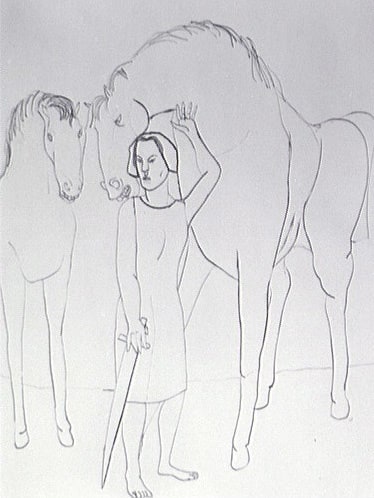 2 chevaux et femme, bras levé, armée d'une épée