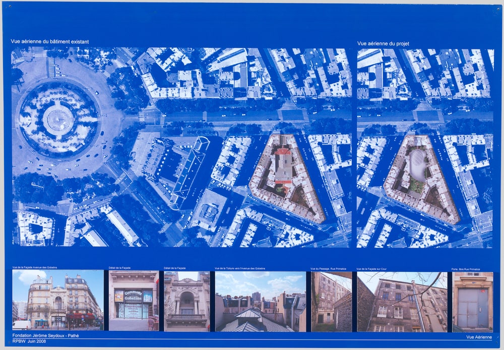 Panneau 1
-Vues aériennes avec batîment ancien et avec projet
-Vue façade avenue des Gobelins
-Détails façades
-Vue toiture vers avenue des Gobelins
-Vue passage rue Primatice
-Vue façade cour
-Vue porte 8bis rue Primatice