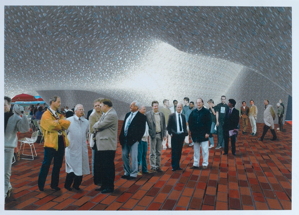 Étude d'ambiance, perspective du hall côté cafétéria avec personnages