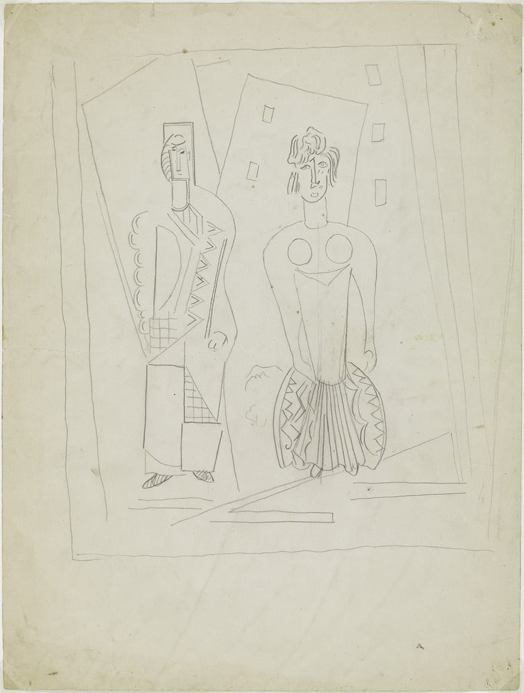 Etude pour les décor et costumes des "Mamelles de Tirésias". Le Directeur et Thérèse-Tisérias