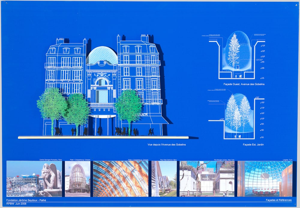 Panneau 4
-Vue depuis l'avenue des Gobelins
-Façade Ouest avenue des Gobelins
-Façade Est  jardin
-Façades et références (Centre Pompidou, Peek + Cloppenbourg, Paul Klee Zentrum, The Morgan Library, Lingotto)