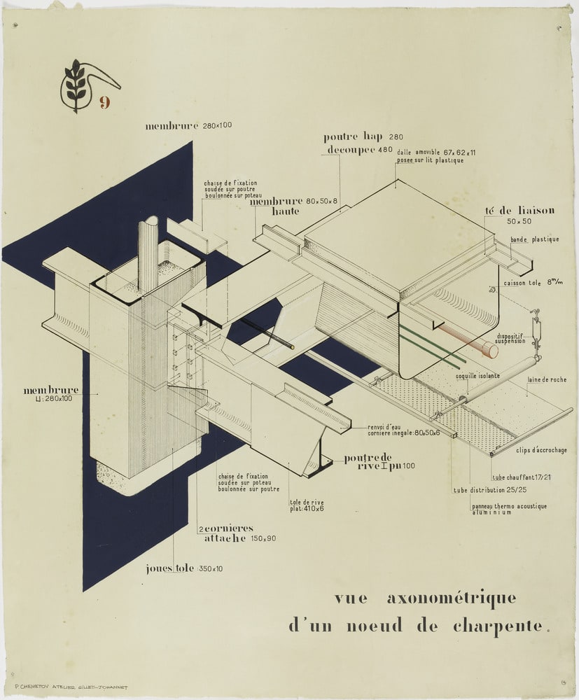 Vue axonométrique d'un noeud de charpente