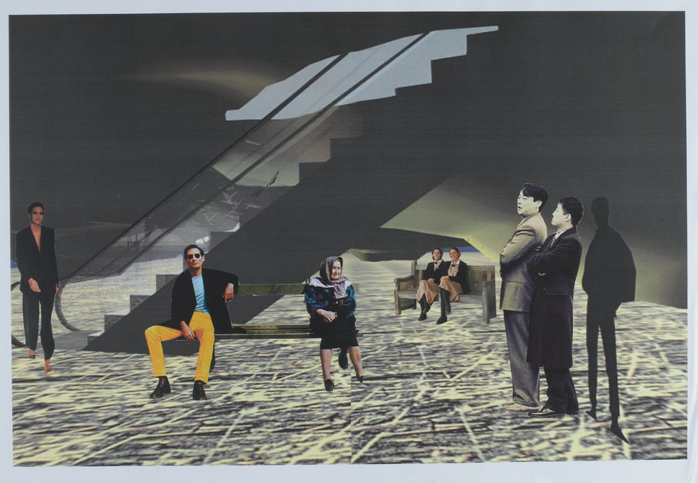 Etude d'ambiance, bancs avec personnages