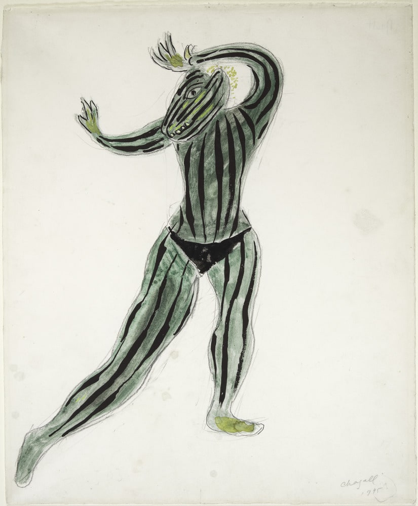 Maquette de costume pour "L'Oiseau de feu" : monstre vert à rayures noires