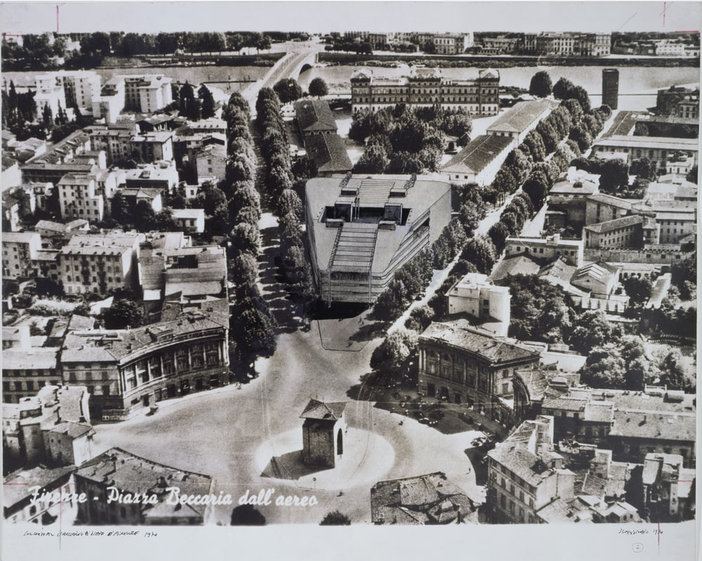 Vue aérienne de la place Beccaria avec l'implantation du projet
