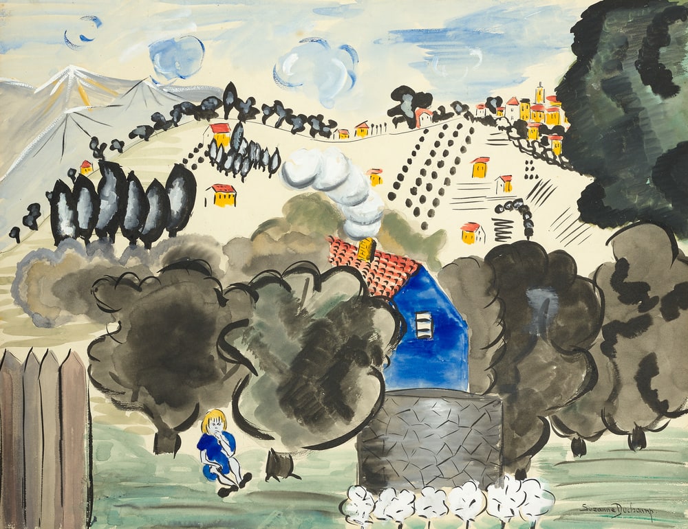 Paysage avec une petite fille en bleu dans un pré