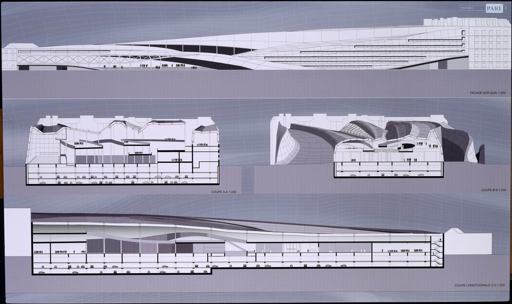 Façade du quai et coupes A-A, B-B, Longitudinale C-C